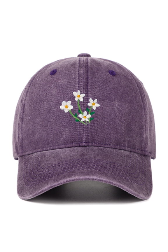 Vintage Washed Baseball Cap, Hand Embroidered Flower Design Trucker Style Hat, Adjustable Sun Hat for Women Men, Casual Outdoor Unisex Cap for Daily Wear - Purple
