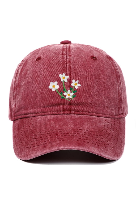 Vintage Washed Baseball Cap, Hand Embroidered Flower Design Trucker Style Hat, Adjustable Sun Hat for Women Men, Casual Outdoor Unisex Cap for Daily Wear - Wine