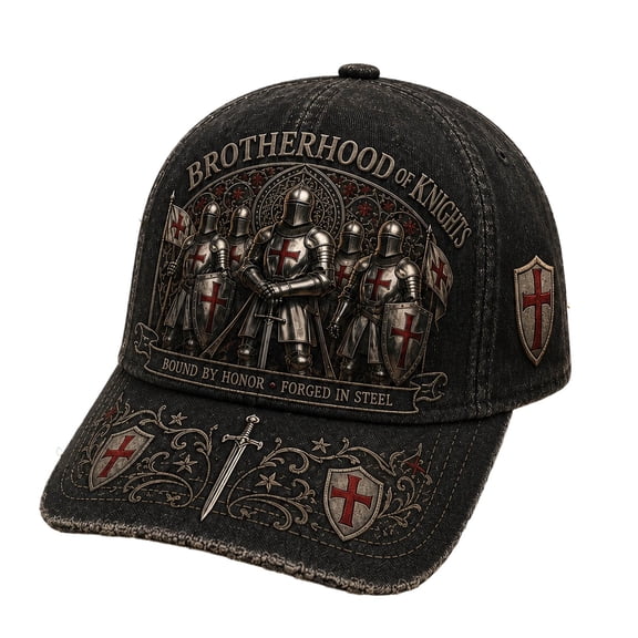 Vintage Washed Black Baseball Cap, Brotherhood of Knights Templar Hat, Medieval Crusader Knight Graphic Trucker Hat, Adjustable - 22''-24''