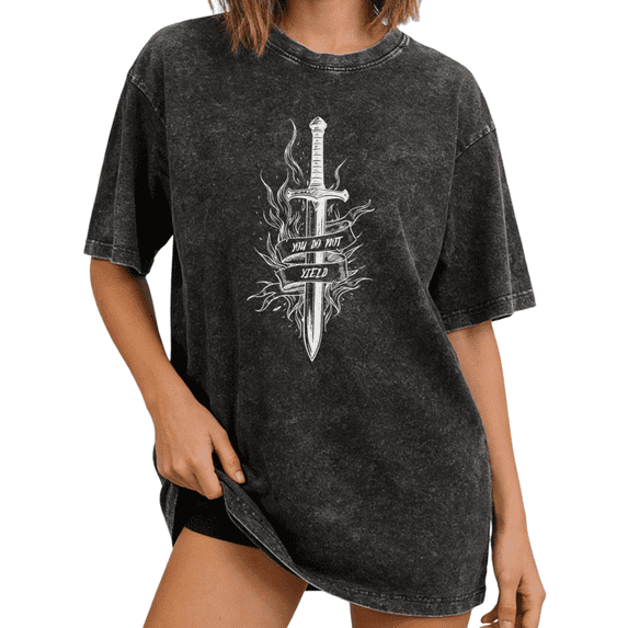 Vintage Washed Black Print Tshirt Gothic Sword Warrior Graphic Tees Shirts Fantasy Medieval Aesthetic Washed Cotton Tee S 2XL Tops
