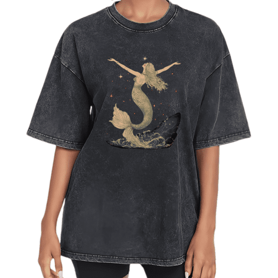 Vintage Washed Black Print Tshirt Ocean Mermaid Graphic Tees Shirts Fantasy Beach Mermaid Cotton Tee S 2XL Tops