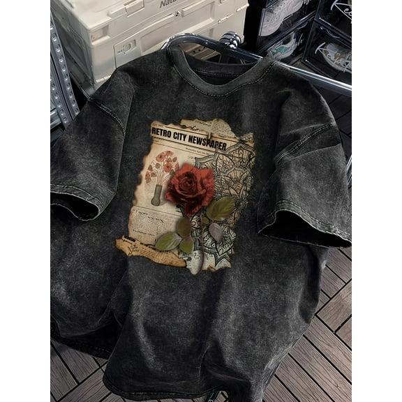 Vintage Washed Black Short Sleeve T-Shirt - Relaxed Fit Floral & Newspaper Print Retro Graphic Tee for Men & Women, Summer Casual Gym Outdoor Beach Party Wear, Machine Washable