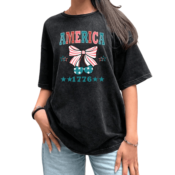 Vintage Washed Black USA Themed Womens T-Shirt S-2XL Tops