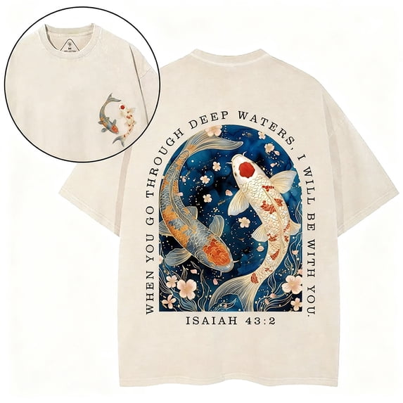 Vintage Washed Christian Graphic T-Shirt, Yin Yang Koi Fish Print Casual Short Sleeve Tee Casual and versatile
