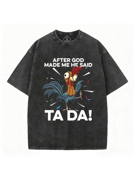 Vintage Washed Christian T-shirt, funny cartoon rooster confetti humorous faith aesthetic loose short-sleeved casual T-shirt top