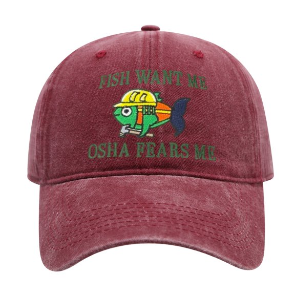 Vintage Washed Cotton Baseball Cap with Fish Embroidery, Fish Want Me OSHA Fears Me Funny Fishing Hat for Adult Men Women- Washed Wine Red