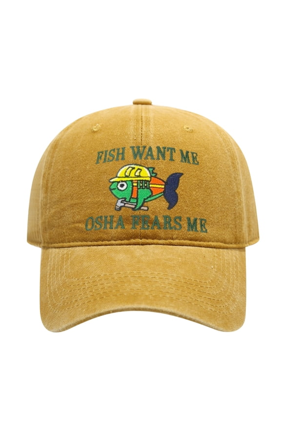 Vintage Washed Cotton Baseball Cap with Fish Embroidery, Fish Want Me OSHA Fears Me Funny Fishing Hat for Adult Men Women- Washed Yellow