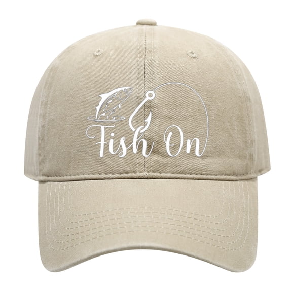 Vintage Washed Cotton Baseball Cap with Fish, Fish On & Fishing Hook Embroidery, Adjustable Outdoor Fishing Hat for Adult Men Women- Washed Beige