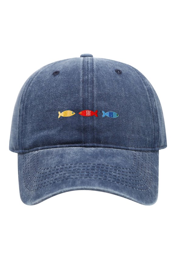 Vintage Washed Cotton Baseball Dad Hat for Adults, 3 Colorful Small Fish Embroidered Adjustable Casual Outdoor Fishing Cap for Men Women