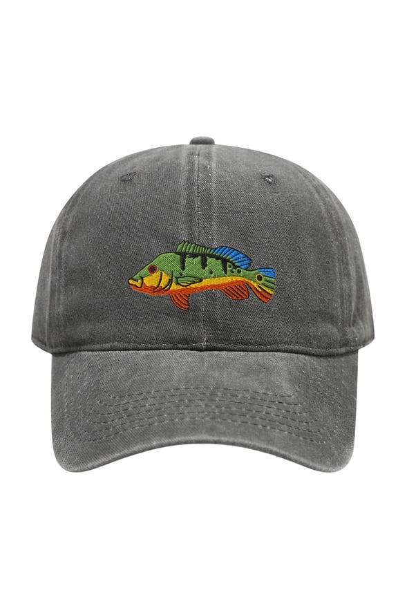 Vintage Washed Cotton Baseball Dad Hat for Adults, Colorful Peacock Bass Fish Embroidered Adjustable Casual Outdoor Fishing Cap for Men Women