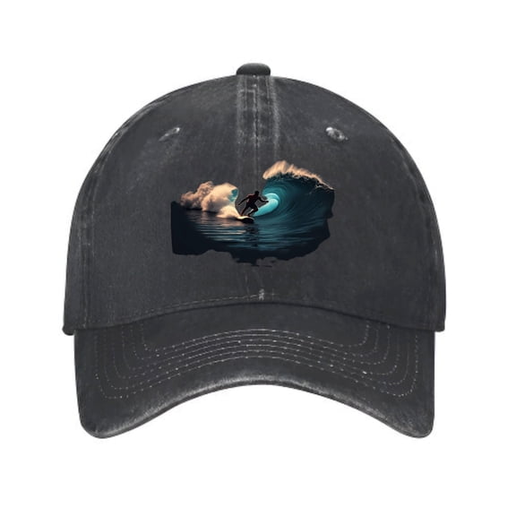 Vintage Washed Distressed Baseball Cap - Surfing Wave Graphic Design Dad Hat for Men & Women