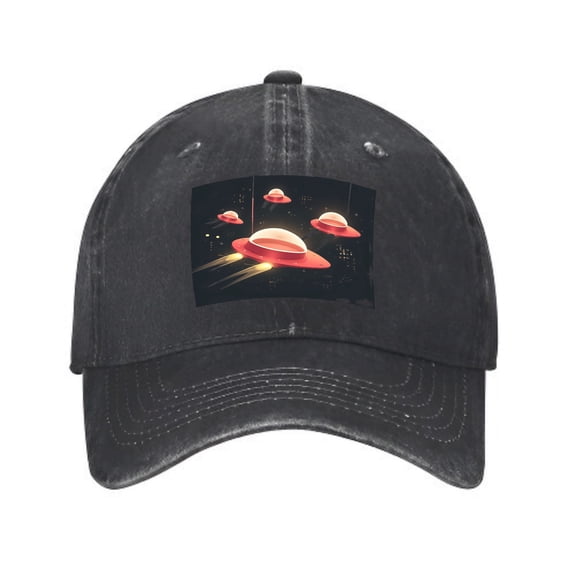 Vintage Washed Distressed Baseball Cap - UFO Design with Glowing Red & Orange Stickers Unisex Golf Dad Hat for Men & Women