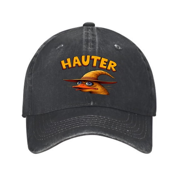 Vintage Washed Distressed Baseball Cap for Men & Women - Cartoon Duck Wizard Hat Design with " HAUTER " Text in Bold Orange & Yellow