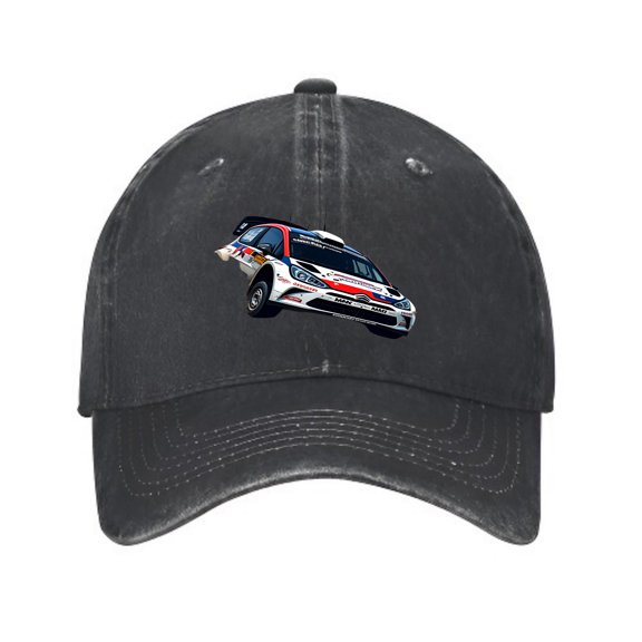 Vintage Washed Distressed Baseball Cap for Men & Women - Dark Gray with Dynamic Racing Car Emblem in White Red & Blue - Curved Brim Golf Dad Hat