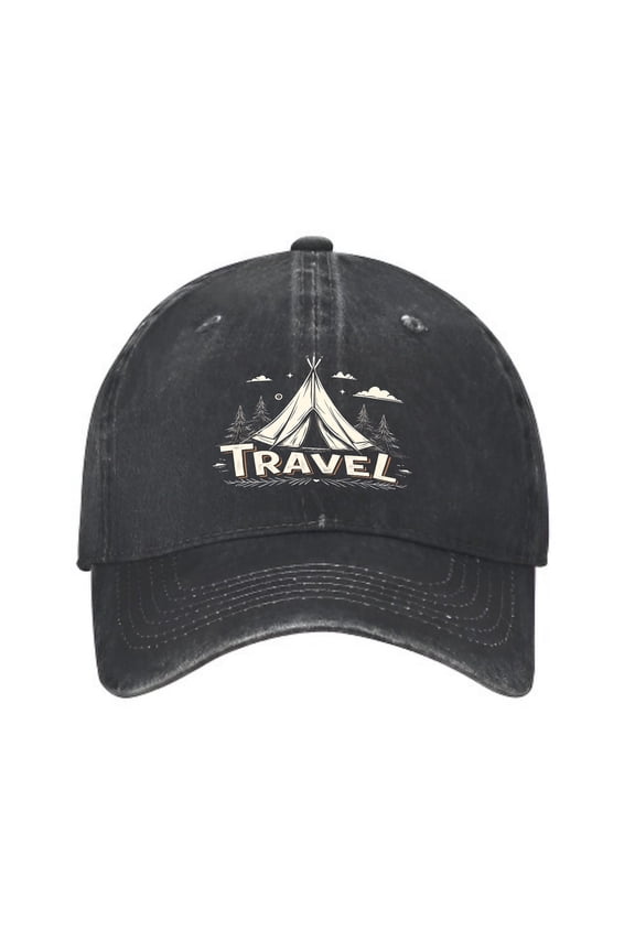 Vintage Washed Distressed Baseball Cap for Men & Women - Tent & Pine Trees Design Adventure Travel Dad Hat