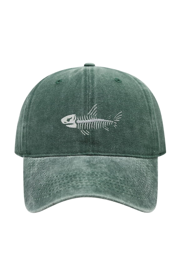 Vintage Washed Fish Skeleton Embroidered Dad Hat, Adjustable Unisex Cotton Baseball Cap, Outdoor Fishing Sun Hat for Adults Men Women