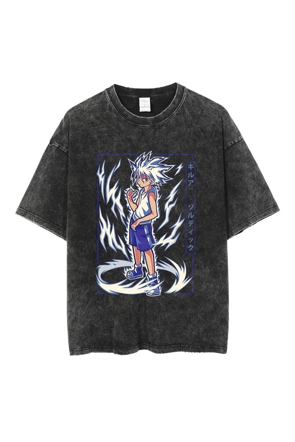 Vintage Washed Graphic Tee Inspired Graphic Design Featuring Hunter X Hunter Killua Electric Blitz Unisex Cotton Acid Wash T-Shirt