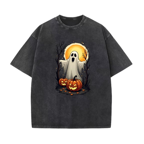 Vintage Washed Halloween Graphic Tee, Ghost Pumpkin Moon Print, Causal T-Shirt Tops，Classic，cotton，black，S-2XL，Plus size