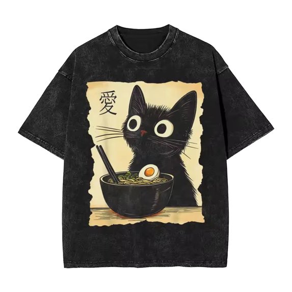 Vintage Washed Japanese Style Cat Graphic T Shirts for Men Women Casual Short Sleeve Crew Neck Tees