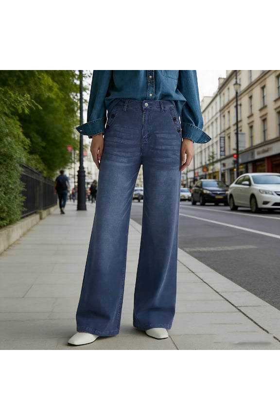 Vintage Washed Jeans for Women Casual Loose-fitting Multi-button Washed Wide-Leg Jeans Women's Comfortable Button Design Jeans