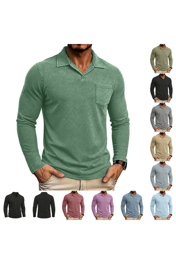 Vintage Washed Long Sleeve Polo Shirt for Men, Collar Casual Top with Chest Pocket for Everyday and Smart Casual Wear Green XL