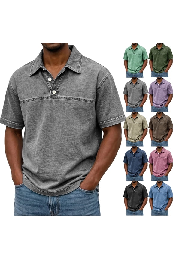 Vintage Washed Mens Polo Shirts Short Sleeve Western Street Lounge Wear Trendy Athletic Wrinkle Free Running Shirt Black M