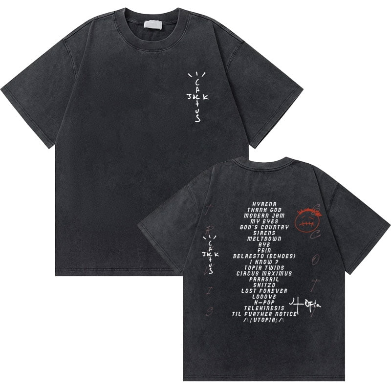 Vintage Washed Old Cactus Jack Utopia Graphic T-shirt Men Hip Hop Rap Oversized Tshirt Men's Cotton Tees Male Fashion Streetwear
