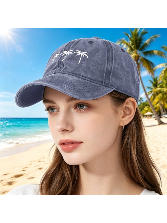 Vintage Washed Palm Tree Embroidered Baseball Cap ZDNIXIAN ,Adjustable Unisex Curved Brim Distressed Cotton Dad Hat, Casual Beach Vacation Sun Hat, One Size