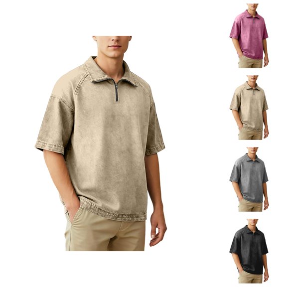 Vintage Washed Polo Shirts for Men Summer Casual Short Sleeve Collared Quarter Zip Relaxed Fit Work Tshirts Golf Shirt