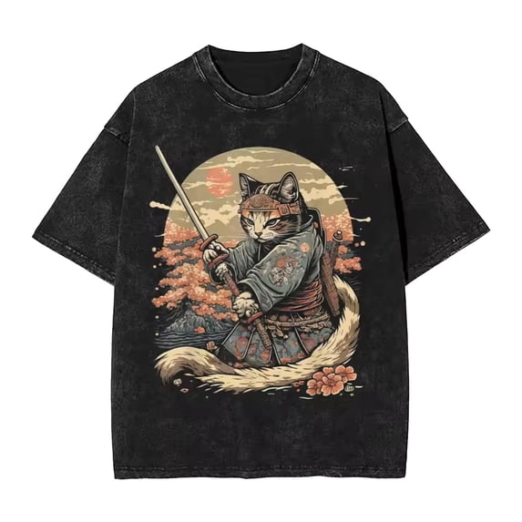 Vintage Washed Retro Cat Graphic T Shirts for Men Women Casual Short Sleeve Crew Neck Tees Japanese Style