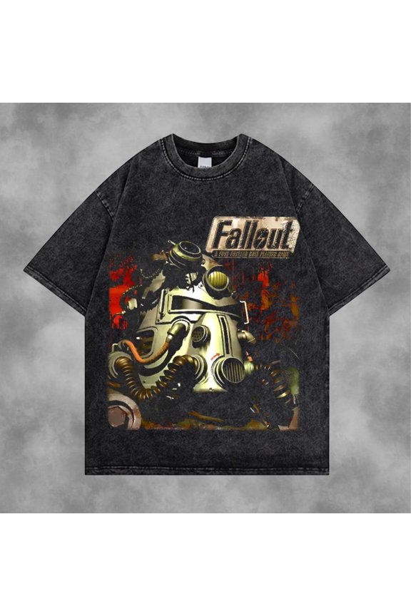 Vintage Washed Retro Wasteland Armor Tee, Distressed Grunge Combat Suit Top, Game Shirt