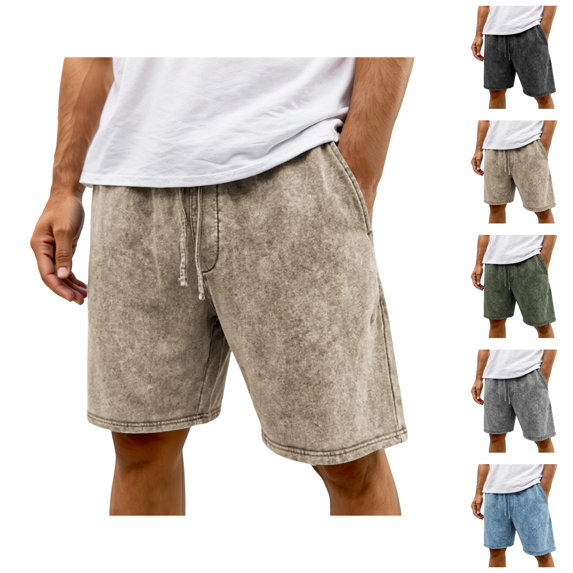 Vintage Washed Shorts for Men Summer Elastic Waist Wide Straight Leg Distressed Loose Knee Length Shorts with Pockets