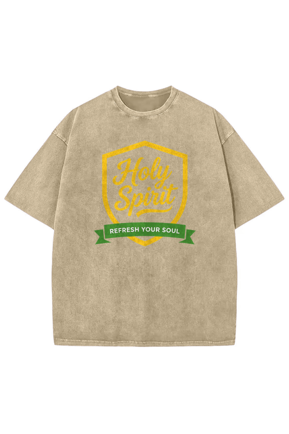 Vintage Washed T-Shirt for Men and Women, Retro Holy Spirit Refresh Your Soul Graphic Tee, Cotton Heavyweight Oversized Short Sleeve Tops