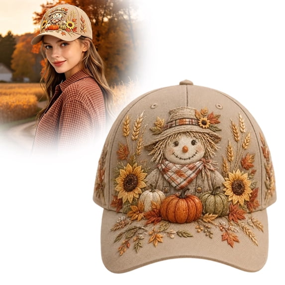 Vintage Washed Thanksgiving Baseball Cap, Adjustable Strap Breathable Hat With Stacked Pumpkin Sunflower Harvest Embroidery, Casual Festival Headwear for Party Gifts for Women for Her
