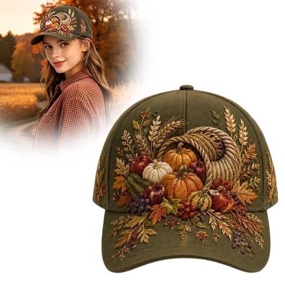 Vintage Washed Thanksgiving Baseball Cap, Adjustable Strap Soft Hat With Abundant Cornucopia Harvest Fruit Maple Leaf Embroidery, Casual Autumn Headwear for Gathering Gifts for Women for Her
