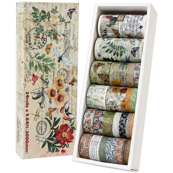 Vintage Washi Tape Set, 24 Rolls Floral Letter Butterfly Mushroom Botanical Decorative Tapes, Writable, Multi-Size 5-75mm Wide x 9.84ft, for Scrapbooking, Junk Journal, Bullet Journaling, Gift