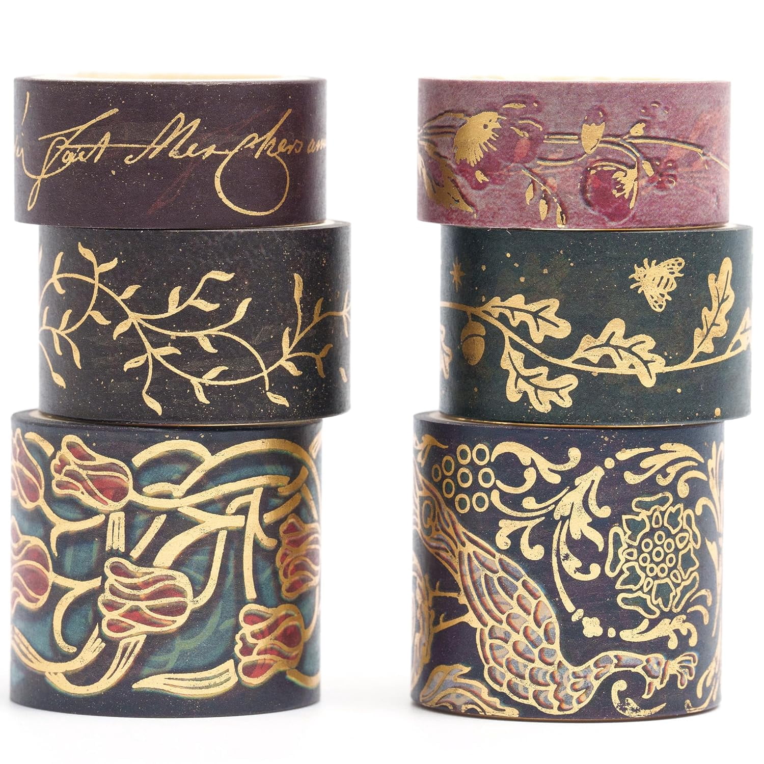 Vintage Washi Tape Set 6 Rolls Wide Retro Decorative Gold Foil Antique Patterns Masking Tapes for Arts, DIY Crafts, Journals, Planners, Scrapbook, Wrapping