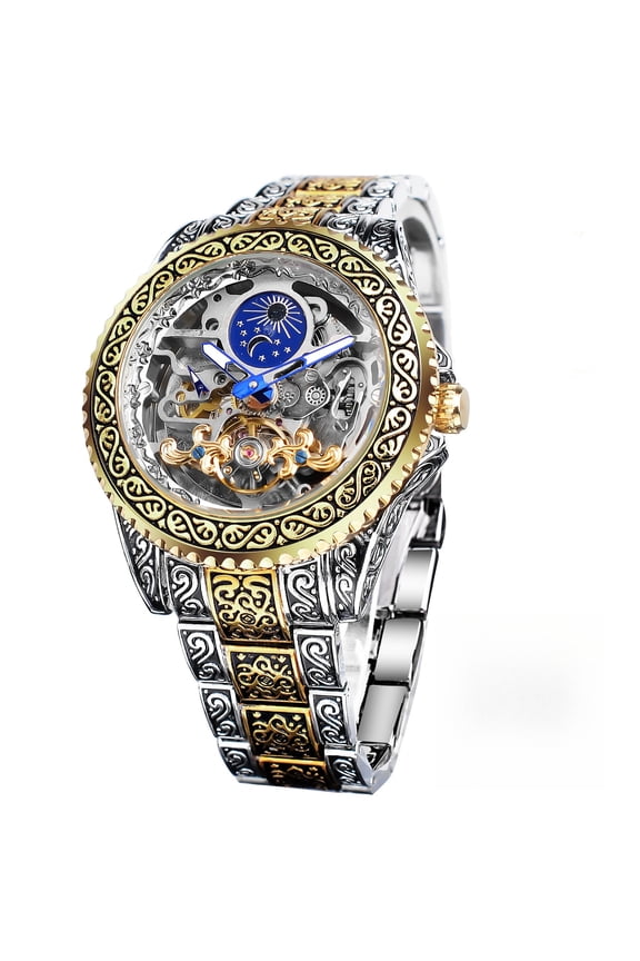 Vintage Watch for Men Engraved Automatic Self-Wind Mechanical Big Dial Luminous Moon Phase Golden Hollow Tattoo Pattern Wrist Watches, Mechanical