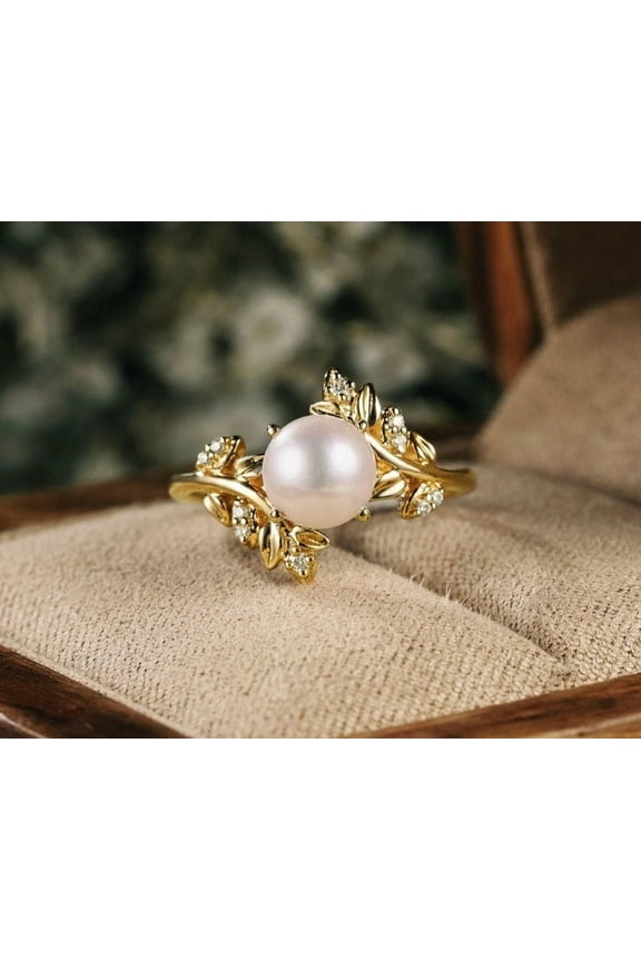 Vintage Water Pearl Engagement Ring 925Silver Moissanite Cluster Wedding Ring Natural Inspired Leaf Pearl Promise Ring For Women Ring Gifts.