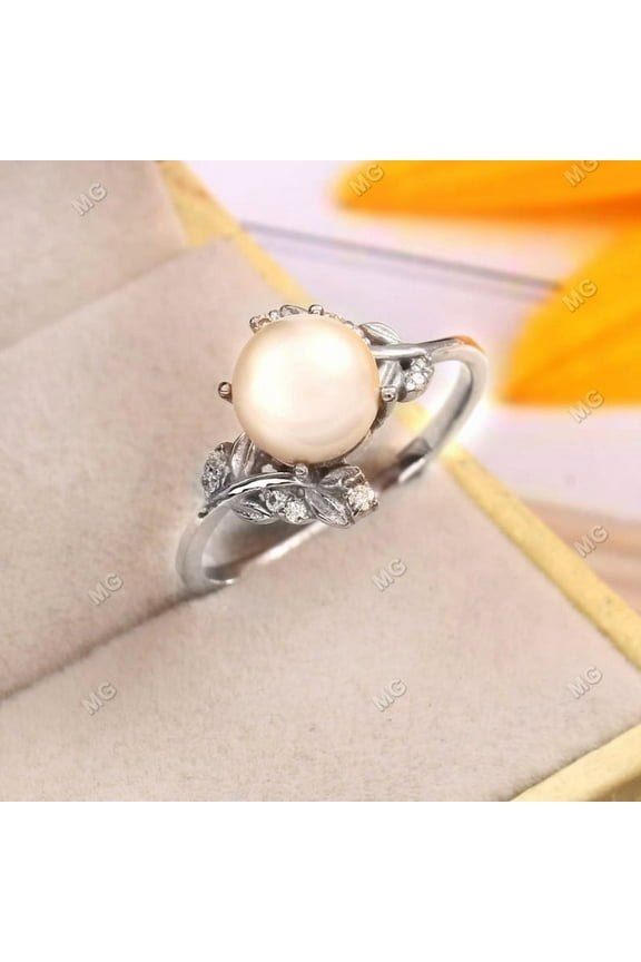 Vintage Water Pearl Twig Wedding Ring Silver Leaf Branch Ring Moissanite Pearl Gift Jewelry Nature Inspired Bridal Ring Personalized Gift.