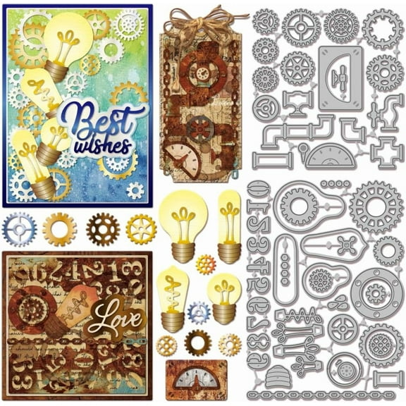 Vintage Water Pipe Gear Cutting Dies for DIY Scrapbooking Metal Retro Light Bulb Number Cut Dies for Card Making Embossing Photo Album Craft Decor