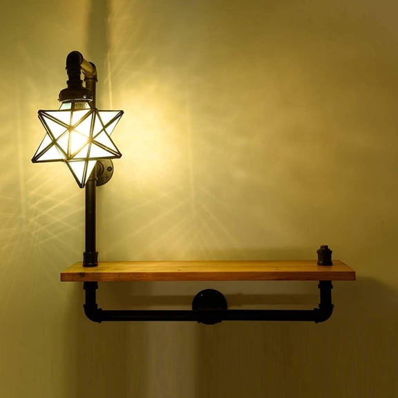 Vintage Water Pipe Wall Lamp, Artistic Style Star Sconces,Antique Stained Glass Decoration Wall Lighting Fixture Living Room Bedroom Hallway,9