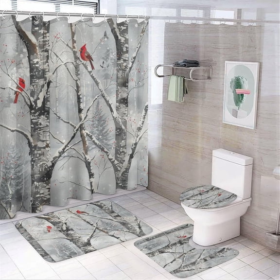 Vintage Watercolor Animal Cardinal 4 Pcs Waterproof Shower Curtain Set,Aesthetic Rustic Merry Christmas Winter Forest Birch Tree with Waterproof Toilet Cover Shower Mat Rugs