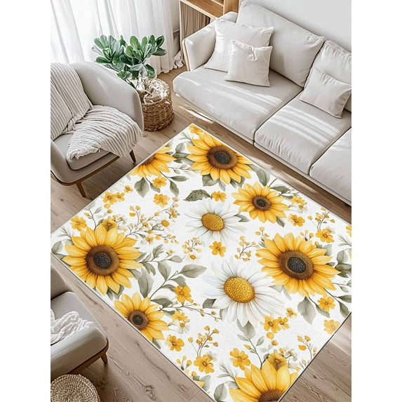Vintage Watercolor Area Rug for Bedroom 4x6 Ft Sunflowers Yellow Green Leaf Country Super Soft fuzzy Throw Rug Non-Slip Fluffy Plush Indoor Floor Carpet for Living Room Nursery Home Decor