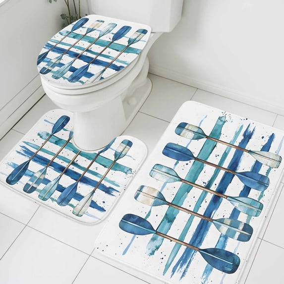 Vintage Watercolor Bathroom Rugs Set Paddle Abstract Blue Stripes Non Slip Absorbent Soft Bath Mats 3 Piece Set with Bathroom Rug, U-Shaped Floor Mat, Toilet Seat Cover Small Size