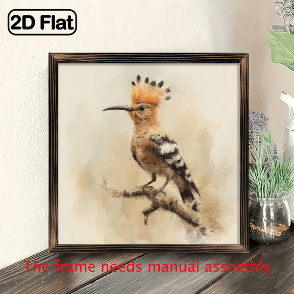 Vintage Watercolor Bird on Gnarled Branch Picture Frame - Wood Panel Wall-Mountable Square Frame Suitable for Home Office Decor, Rustic Light Brown Wood Artwork, 8x8 cm Display for Nature-Theme