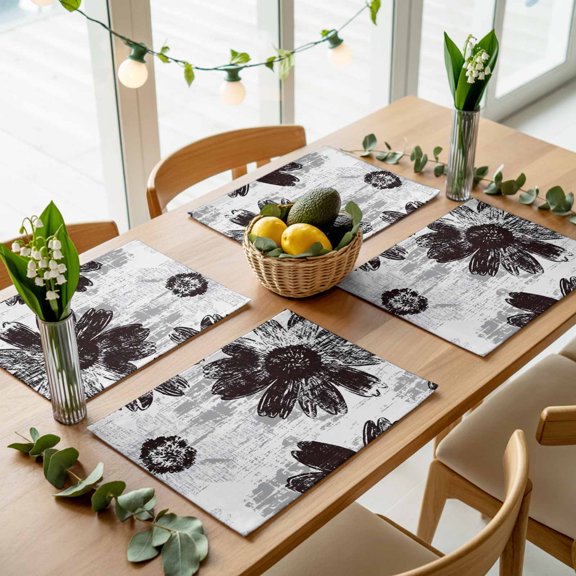 Vintage Watercolor Black Flower Placemats Set of 4,Wipeable Washable Table Mats for Dining Tables, Rustic Farmhouse Floral Field Place Mats for Kitchen Event Party Tabletop Decor
