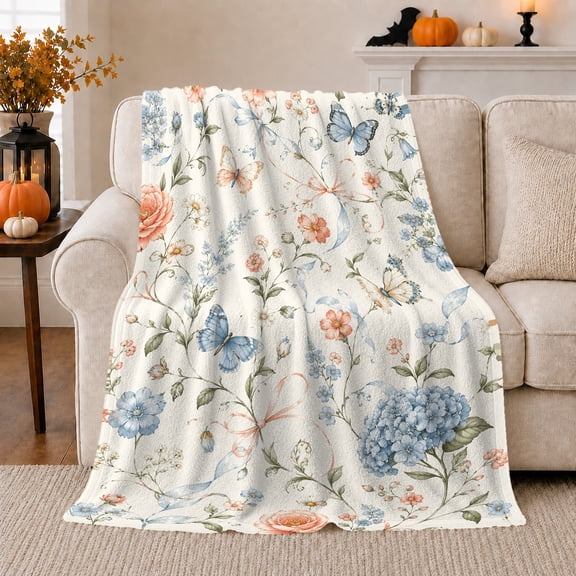 Vintage Watercolor Butterflies Roses, Cozy Botanical Garden Scene, Warm Flannel Blanket for Sunroom and Reading Nook, Garden Lovers Housewarming Gift, Botanical Home Decor