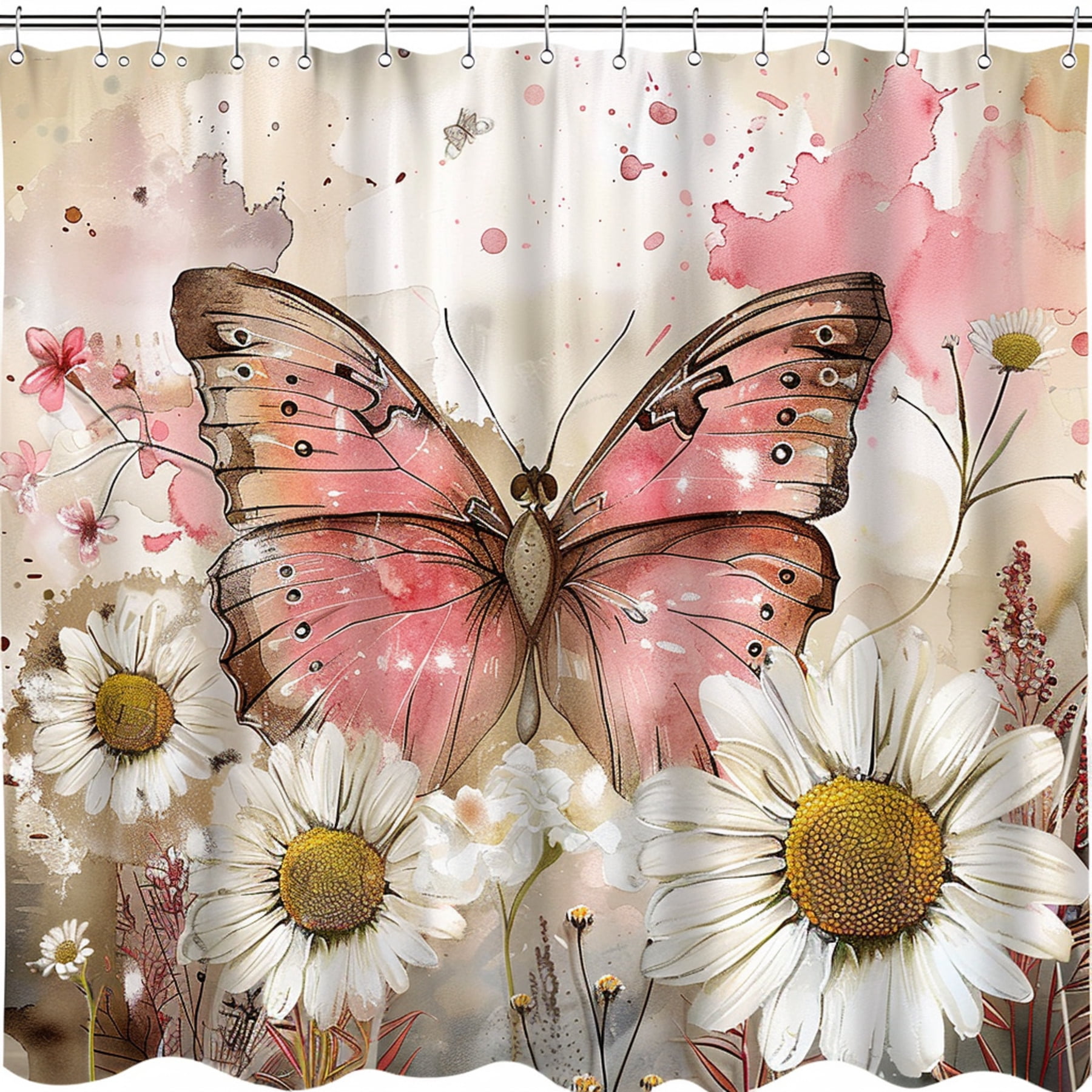 Vintage Watercolor Butterfly and Daisies Shower Curtain in Pink Brown ...