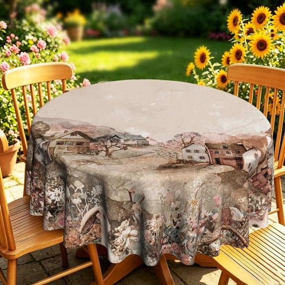 Vintage Watercolor Country Cottage Village Landscape 2D Print Round Tablecloth, Decorative Table Cover for Daily Kitchen Dining, Outdoor Backyard Patio Gatherings, Rustic Farmhouse Home Decor
